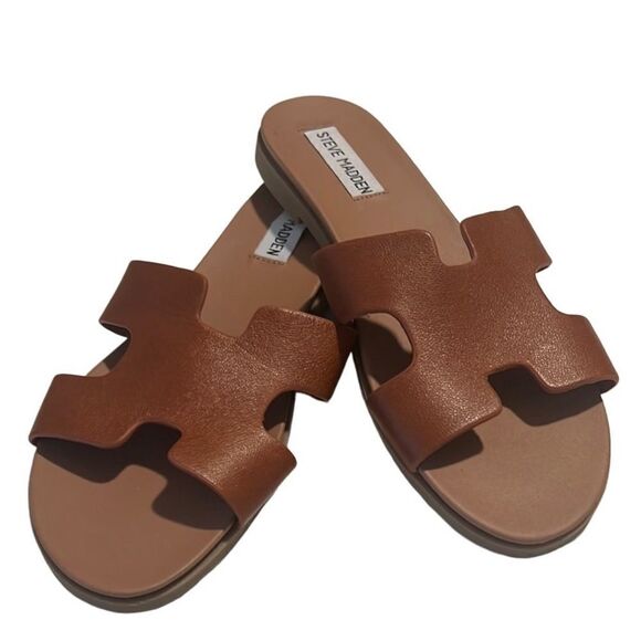 Steve Madden Daphne Brown Leather Slip On Flat Sandals Size 8 - Picture 1 of 7